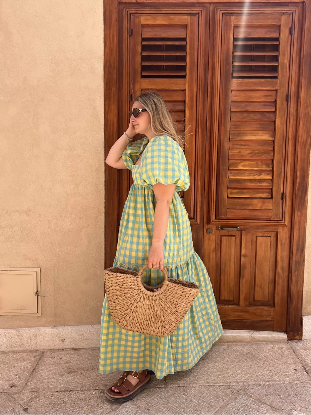 Zara Blue Yellow Gingham Plaid Seersucker Midi Maxi Dress XS - Picture 5 of 16